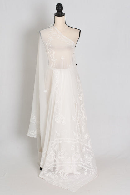 Subha : Off - White Lucknow Chikankari Hand Embroidery Georgette Saree - Saree Mandi