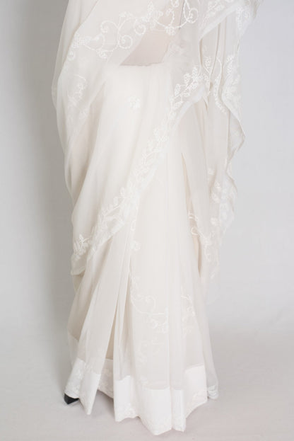 Subha : Off - White Lucknow Chikankari Hand Embroidery Georgette Saree - Saree Mandi