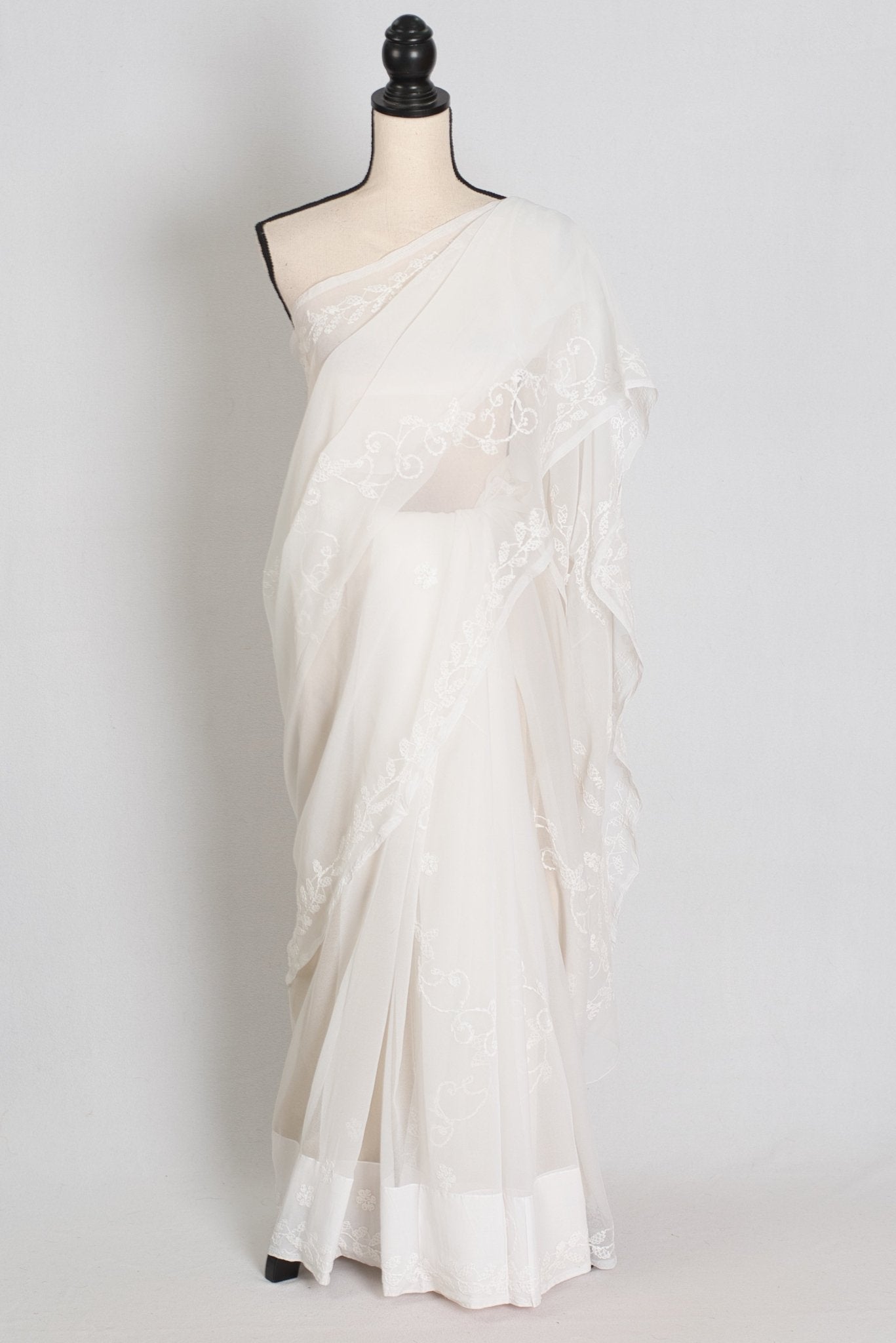 Subha : Off - White Lucknow Chikankari Hand Embroidery Georgette Saree - Saree Mandi