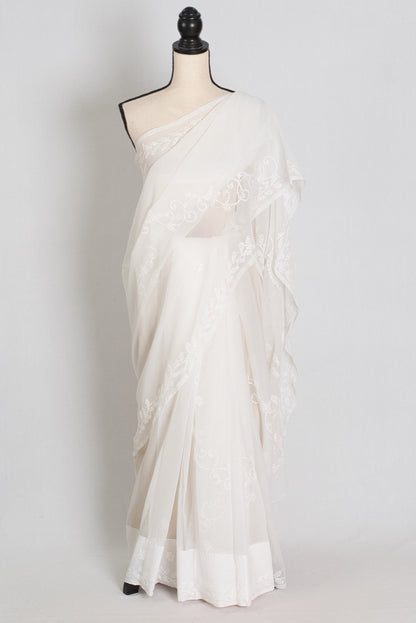 Subha : Off - White Lucknow Chikankari Hand Embroidery Georgette Saree - Saree Mandi