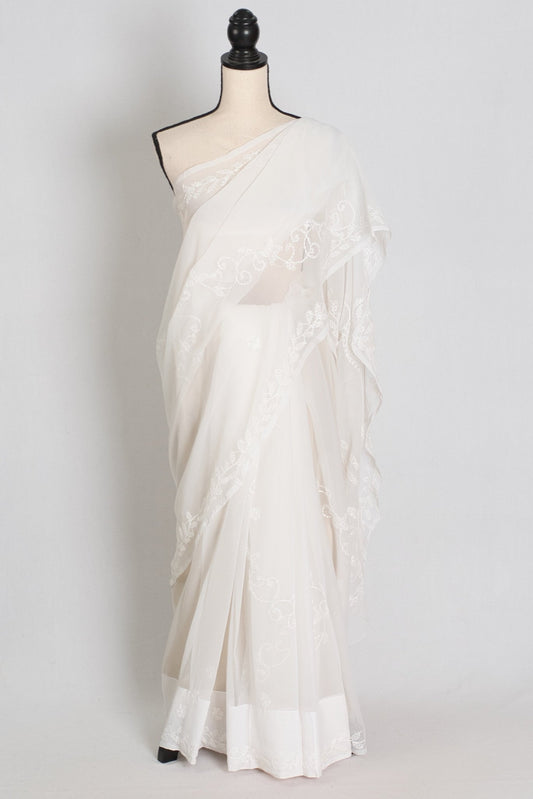 Subha : Off - White Lucknow Chikankari Hand Embroidery Georgette Saree - Saree Mandi