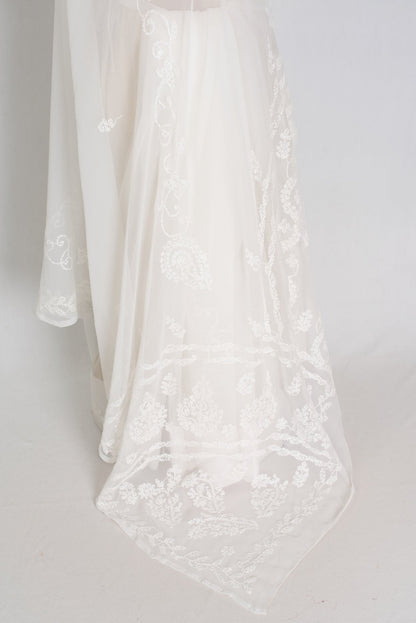 Subha : Off - White Lucknow Chikankari Hand Embroidery Georgette Saree - Saree Mandi