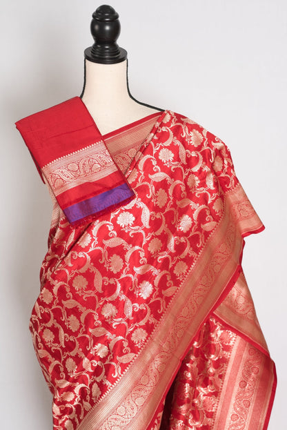 Red Banarasi saree — drape view