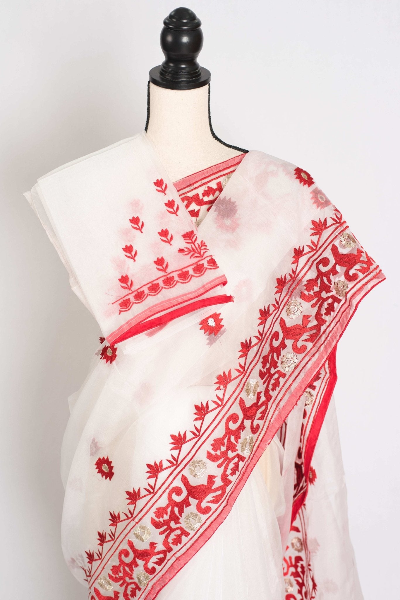 Subha : White and Red Semi Organza Embroidery Designer Saree - Saree Mandi