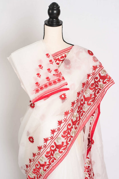 Subha : White and Red Semi Organza Embroidery Designer Saree - Saree Mandi