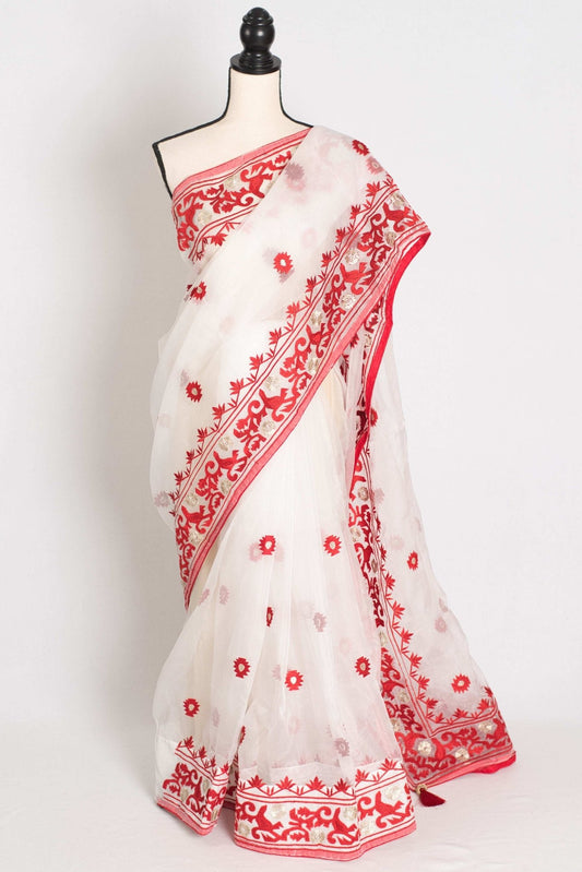 Subha : White and Red Semi Organza Embroidery Designer Saree - Saree Mandi
