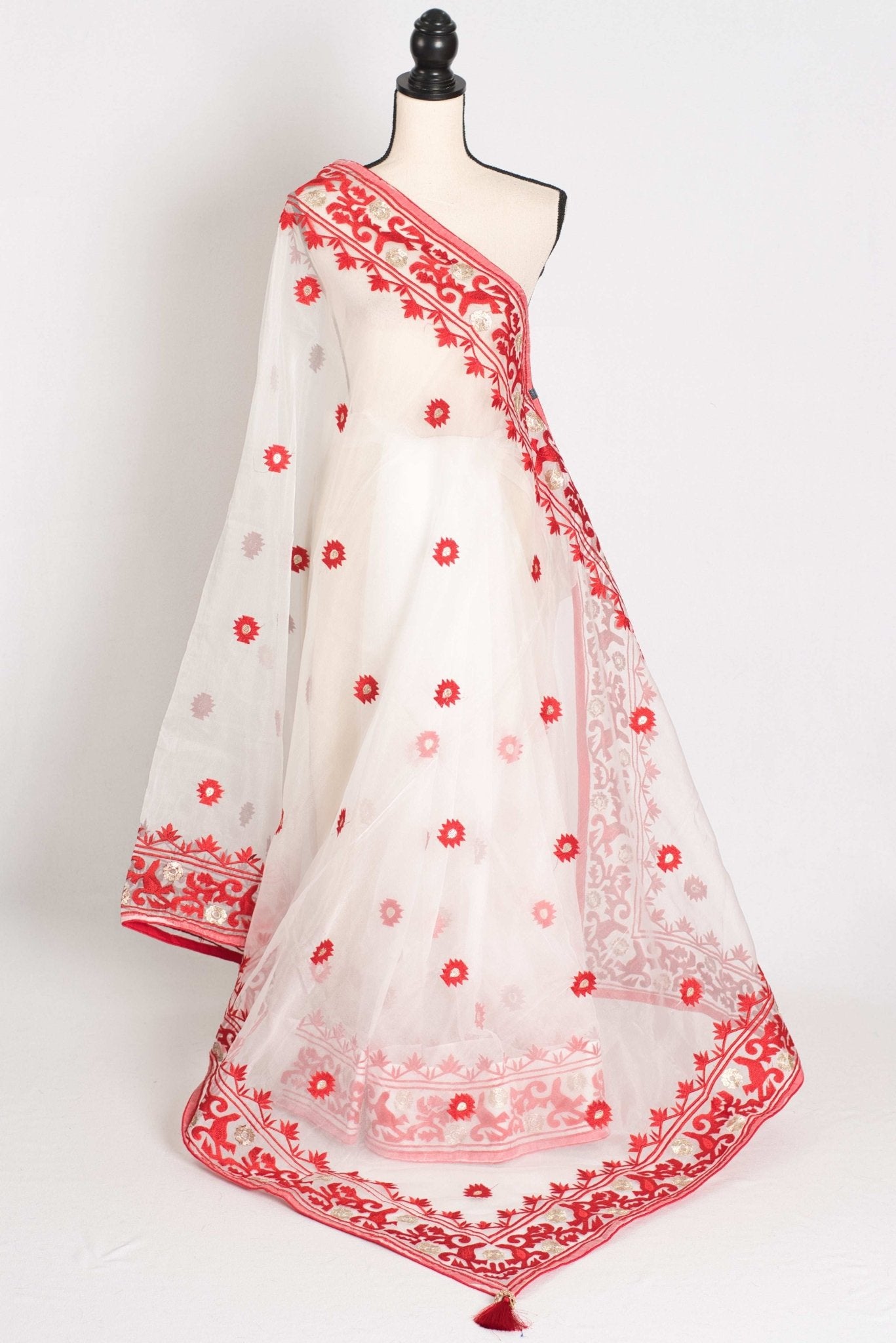 Subha : White and Red Semi Organza Embroidery Designer Saree - Saree Mandi