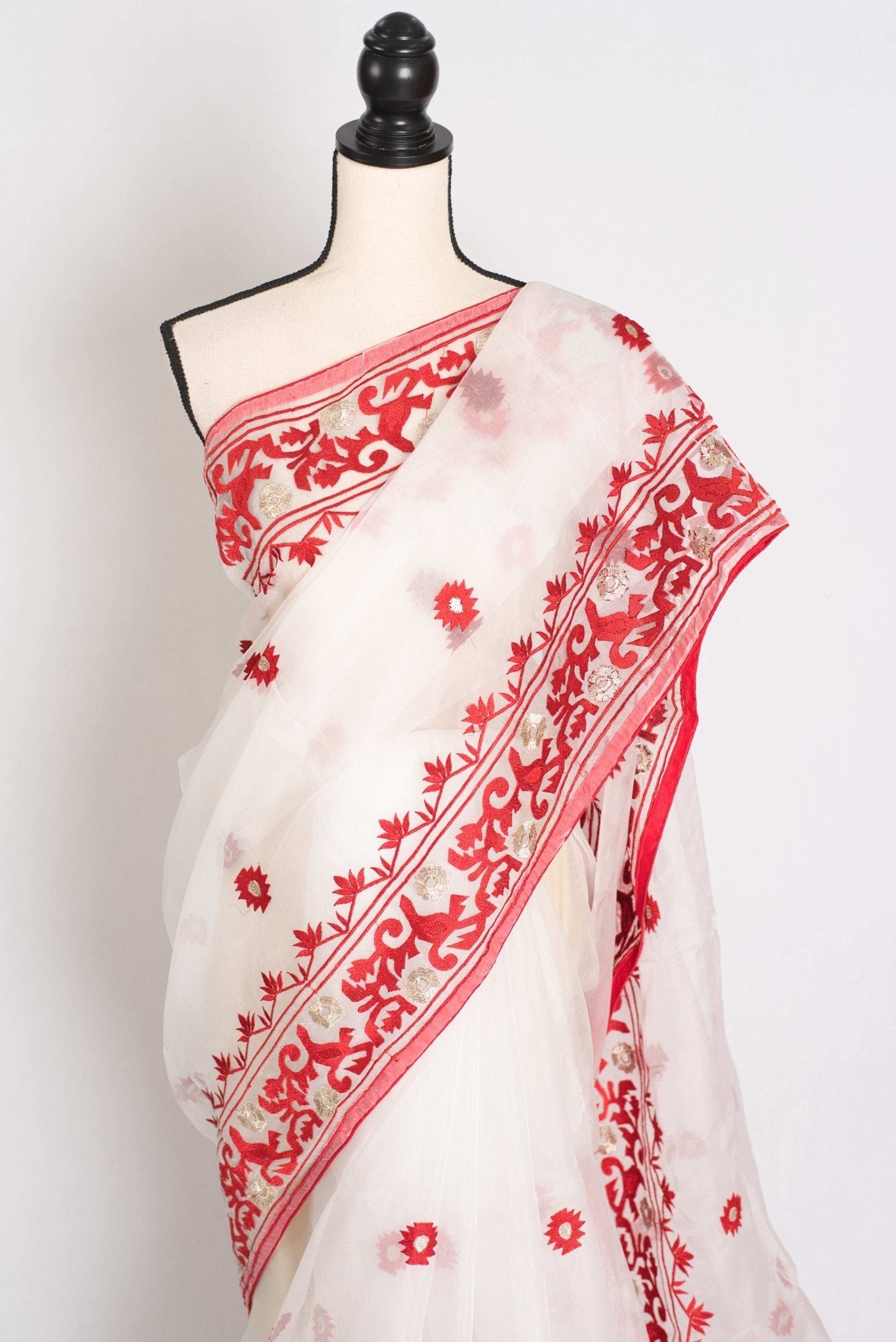 Subha : White and Red Semi Organza Embroidery Designer Saree - Saree Mandi