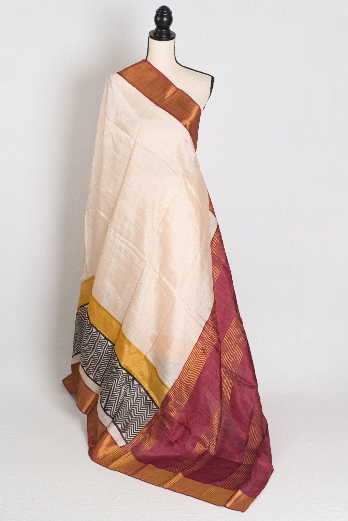 Subhra : Hand Block Printed Matka by Tussar Silk Saree in Cream and Brown - Saree Mandi