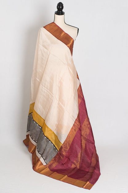 Subhra : Hand Block Printed Matka by Tussar Silk Saree in Cream and Brown - Saree Mandi
