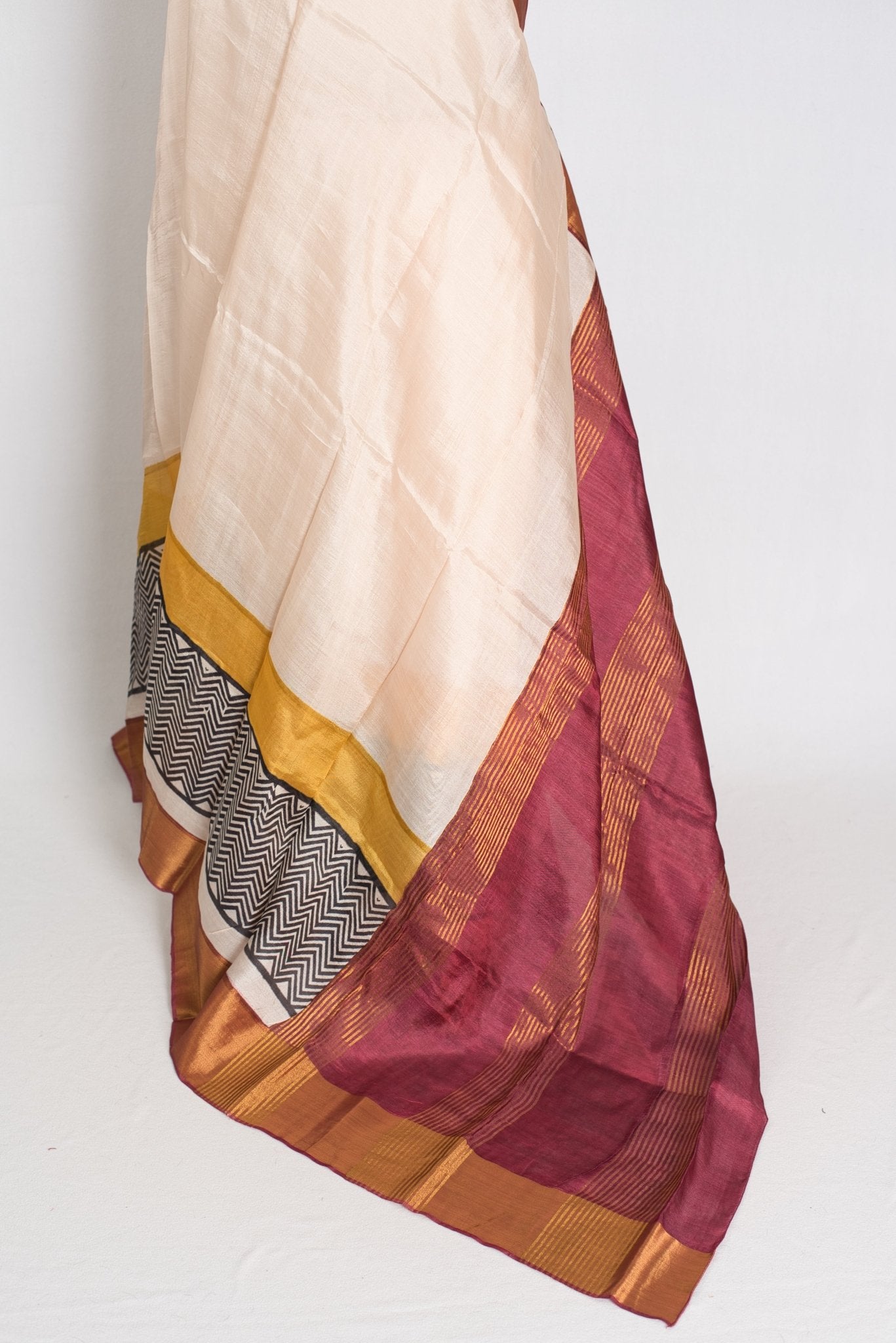 Subhra : Hand Block Printed Matka by Tussar Silk Saree in Cream and Brown - Saree Mandi