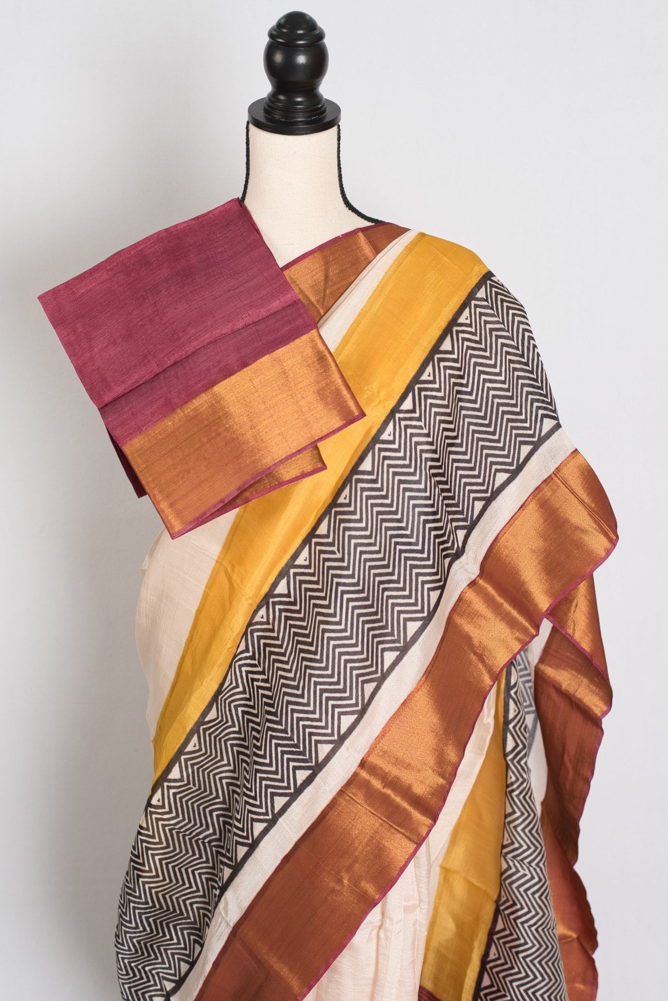 Subhra : Hand Block Printed Matka by Tussar Silk Saree in Cream and Brown - Saree Mandi