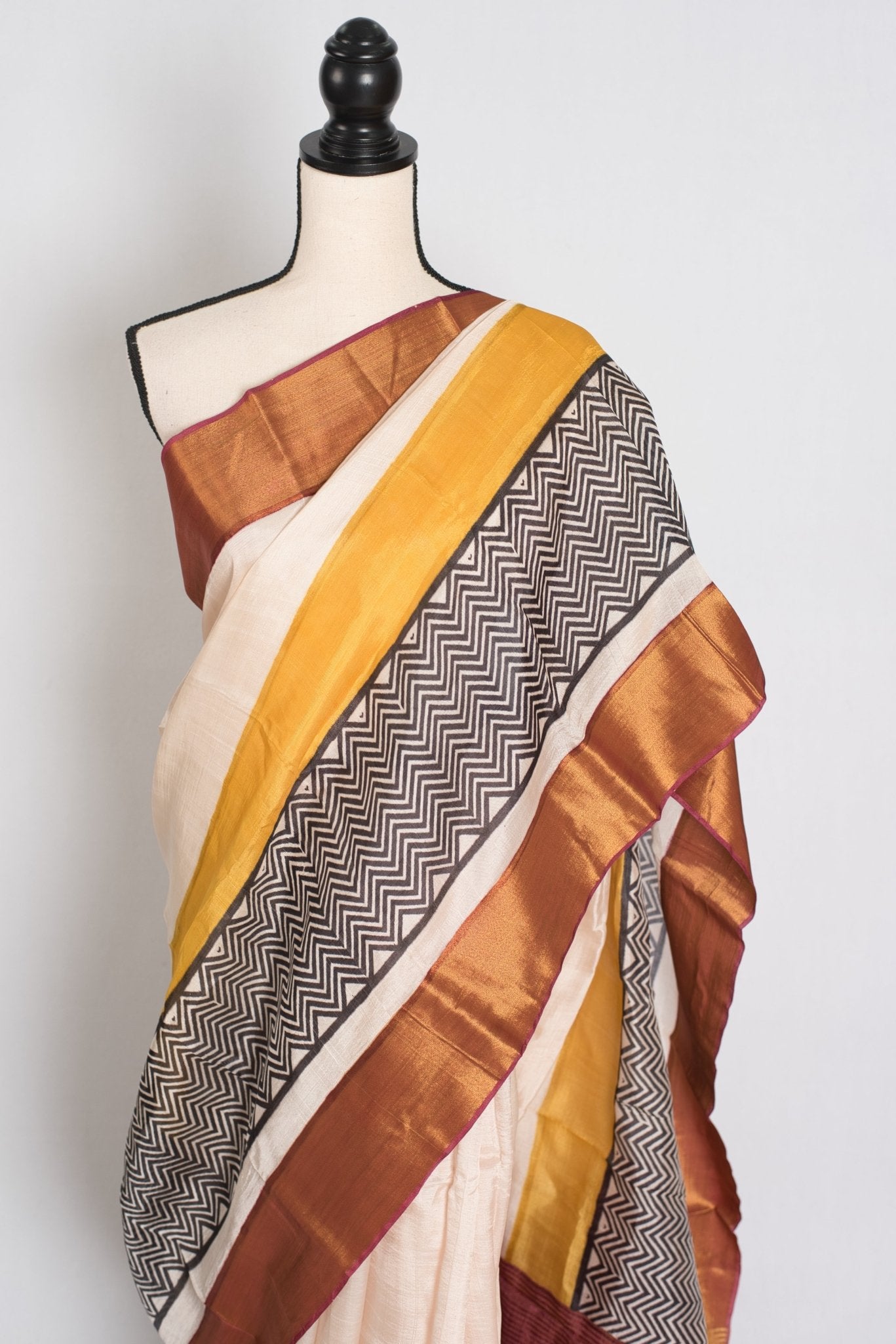Subhra : Hand Block Printed Matka by Tussar Silk Saree in Cream and Brown - Saree Mandi