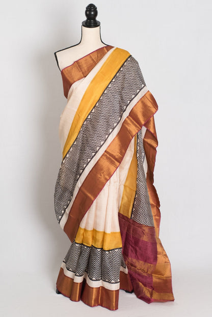 Subhra : Hand Block Printed Matka by Tussar Silk Saree in Cream and Brown - Saree Mandi