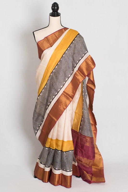 Subhra : Hand Block Printed Matka by Tussar Silk Saree in Cream and Brown - Saree Mandi
