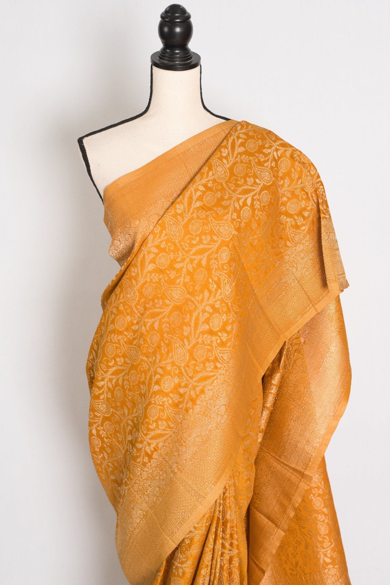 Sudha: Haldi Yellow & Gold Semi Georgette Jaal Banarasi Saree - Saree Mandi