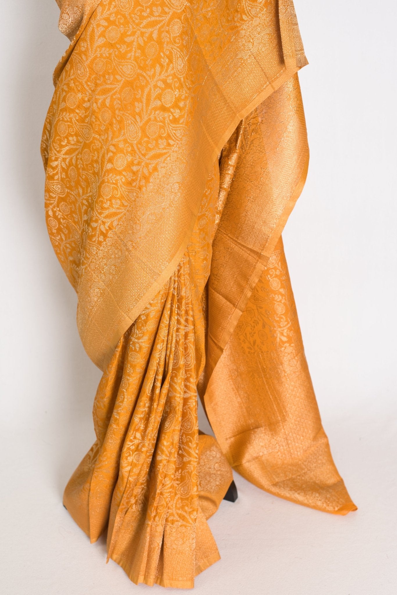 Sudha: Haldi Yellow & Gold Semi Georgette Jaal Banarasi Saree - Saree Mandi