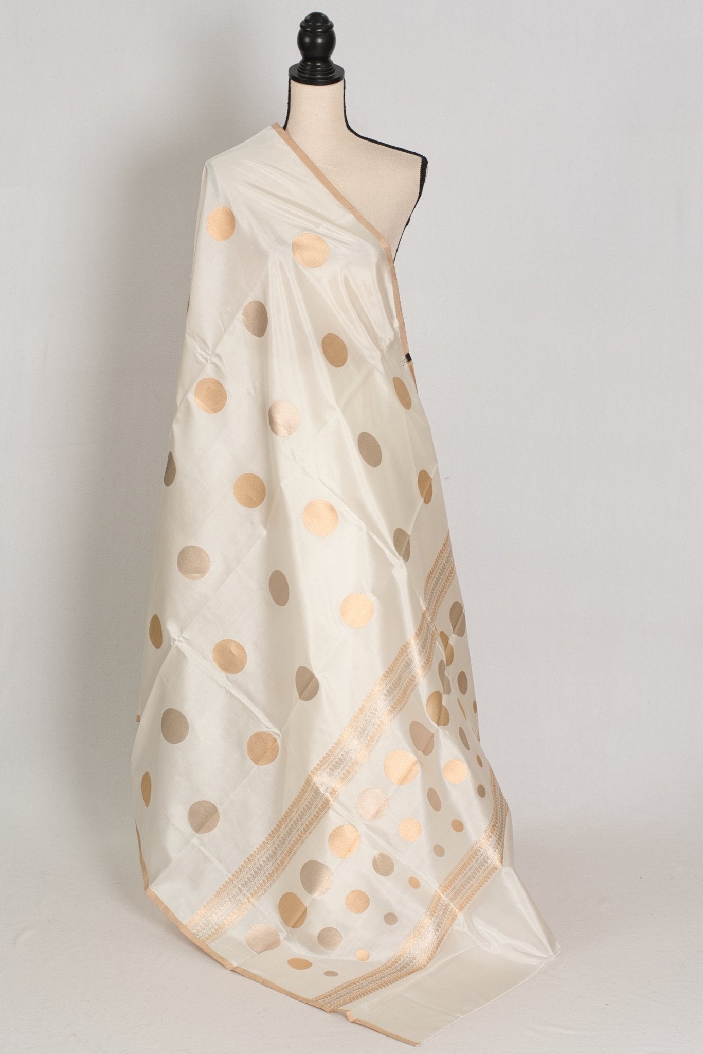 Sudha: Silk Mark Certified White & Gold Light Katan Banarasi Silk Saree - Saree Mandi