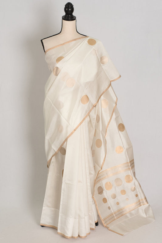 Sudha: Silk Mark Certified White & Gold Light Katan Banarasi Silk Saree - Saree Mandi