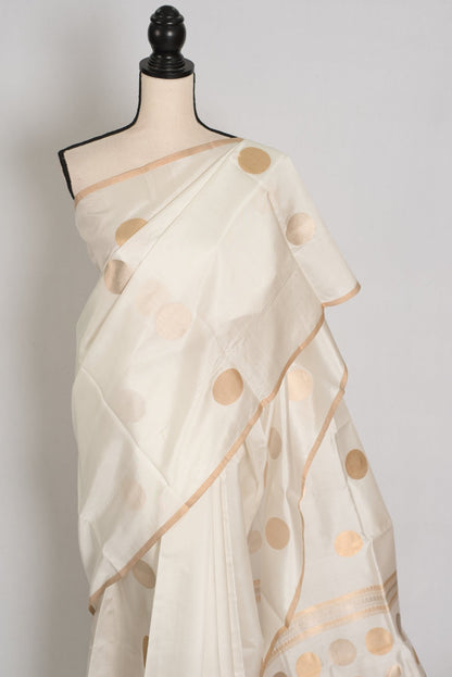 Sudha: Silk Mark Certified White & Gold Light Katan Banarasi Silk Saree - Saree Mandi