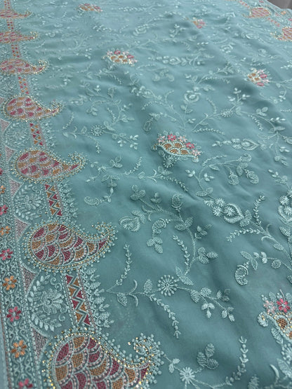 Sudha | Soft Blue Georgette Partywear Saree | Soothing Pastel Floral Embroidery - Saree Mandi