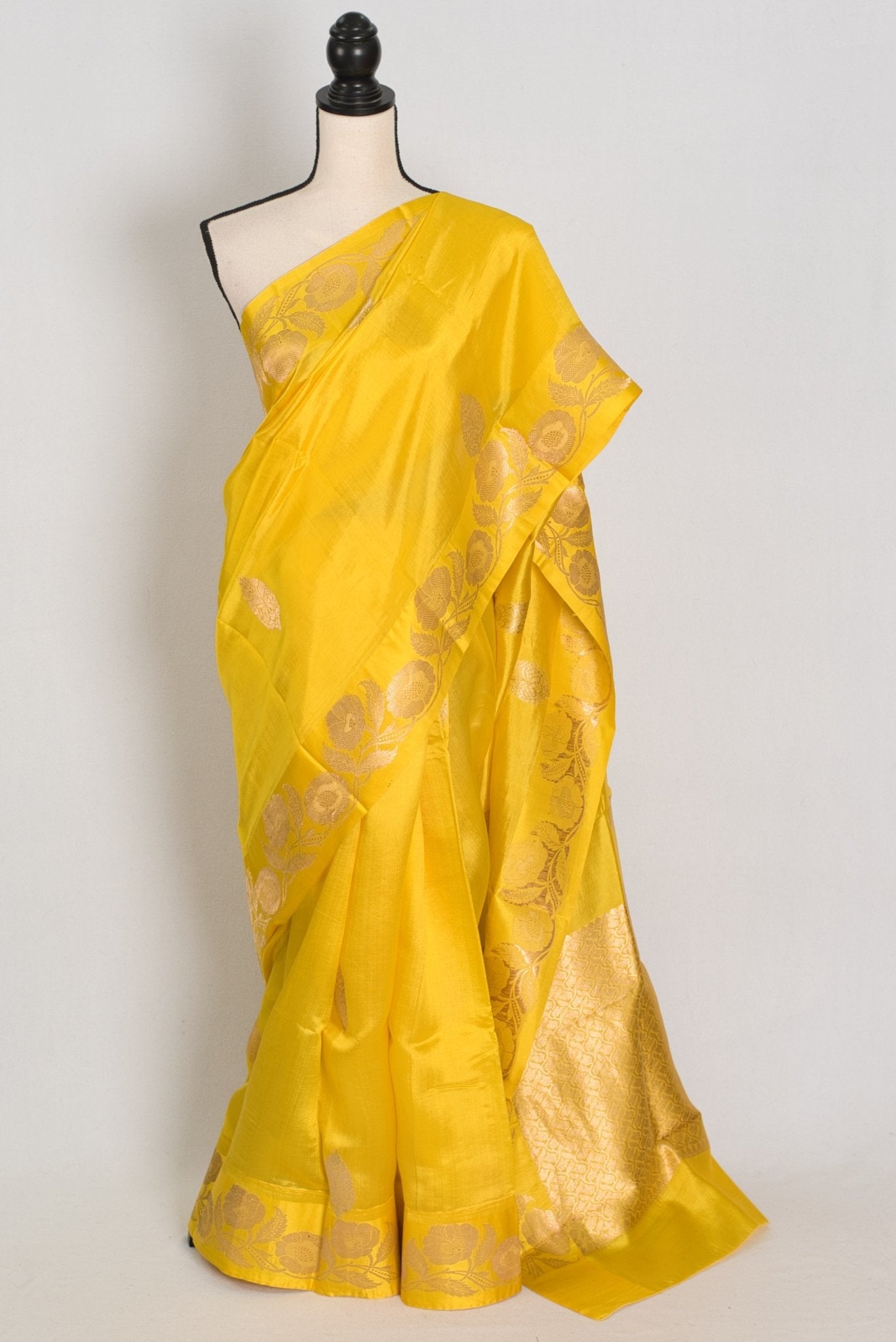 Suhani: Silk Mark Yellow Banarasi Saree with Gold Satin Border - Saree Mandi