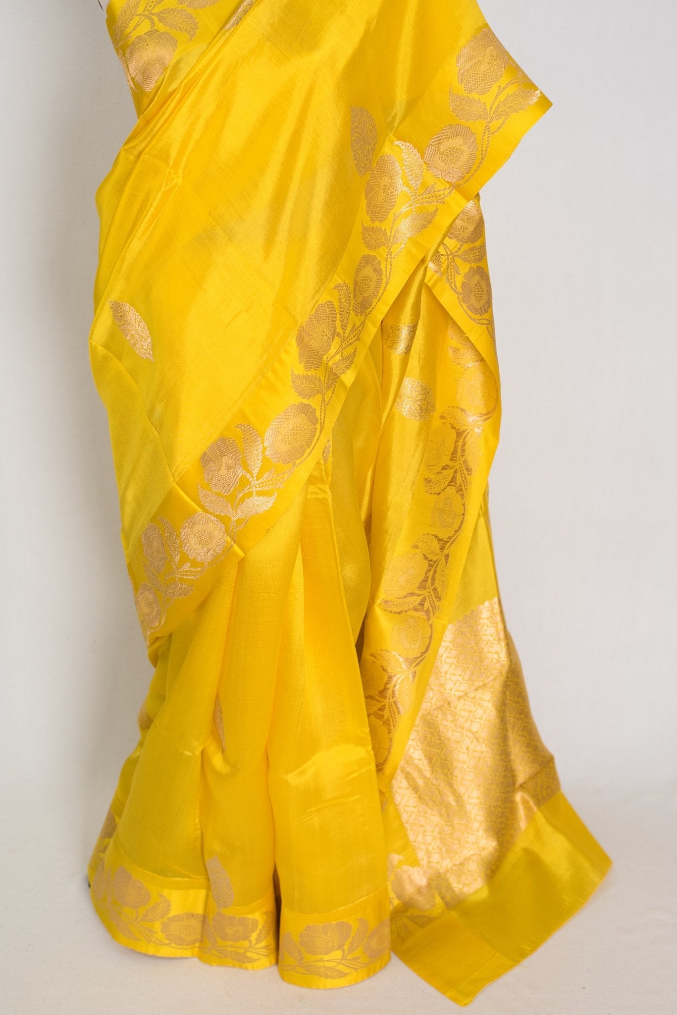 Suhani: Silk Mark Yellow Banarasi Saree with Gold Satin Border - Saree Mandi