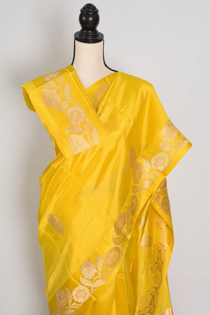 Suhani: Silk Mark Yellow Banarasi Saree with Gold Satin Border - Saree Mandi
