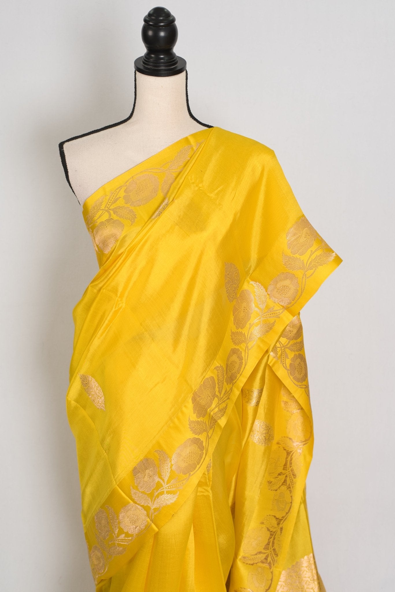 Suhani: Silk Mark Yellow Banarasi Saree with Gold Satin Border - Saree Mandi