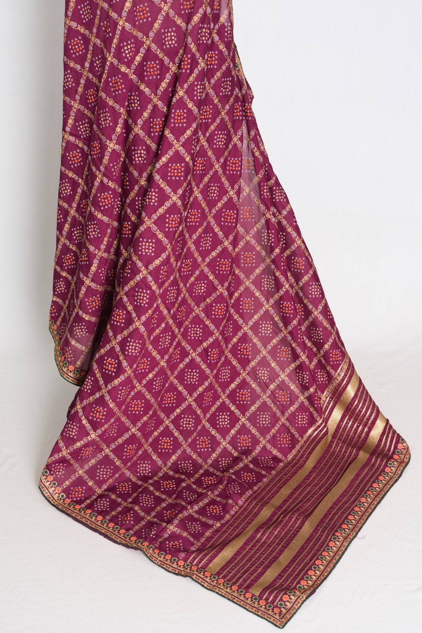 Suma : Purple Gharchola Gold Printed Saree with Embroidered Border - Saree Mandi