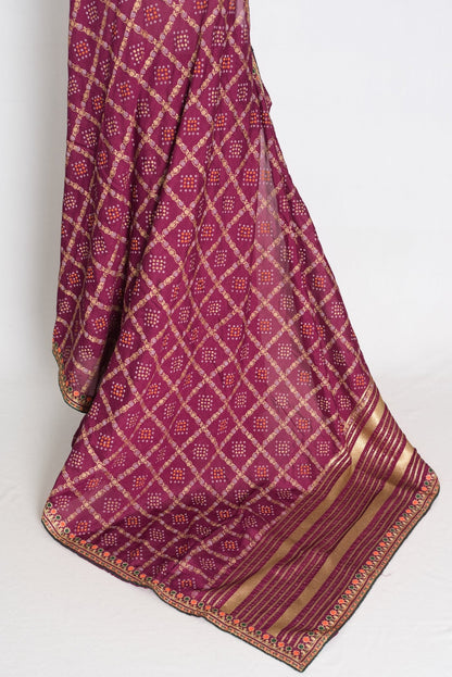 Suma : Purple Gharchola Gold Printed Saree with Embroidered Border - Saree Mandi