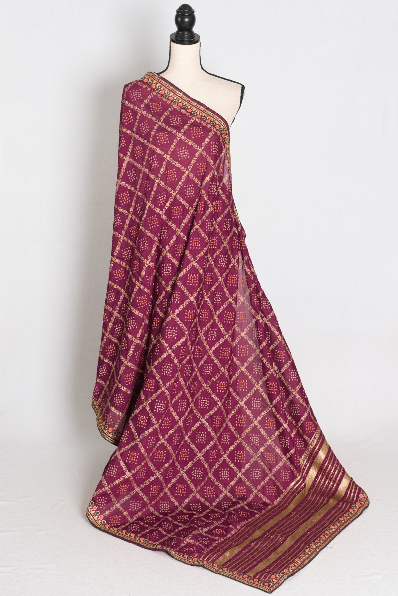 Suma : Purple Gharchola Gold Printed Saree with Embroidered Border - Saree Mandi