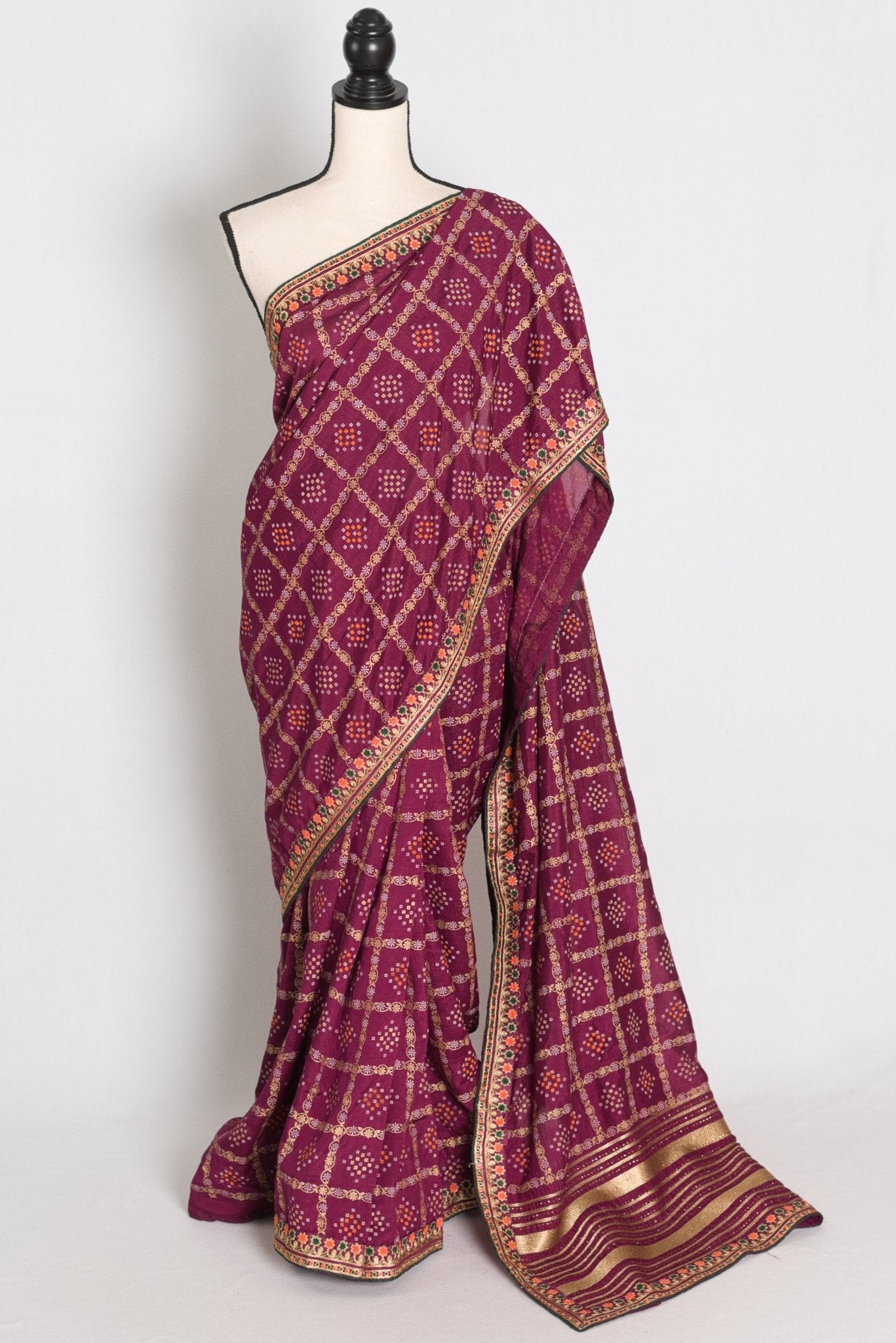 Suma : Purple Gharchola Gold Printed Saree with Embroidered Border - Saree Mandi