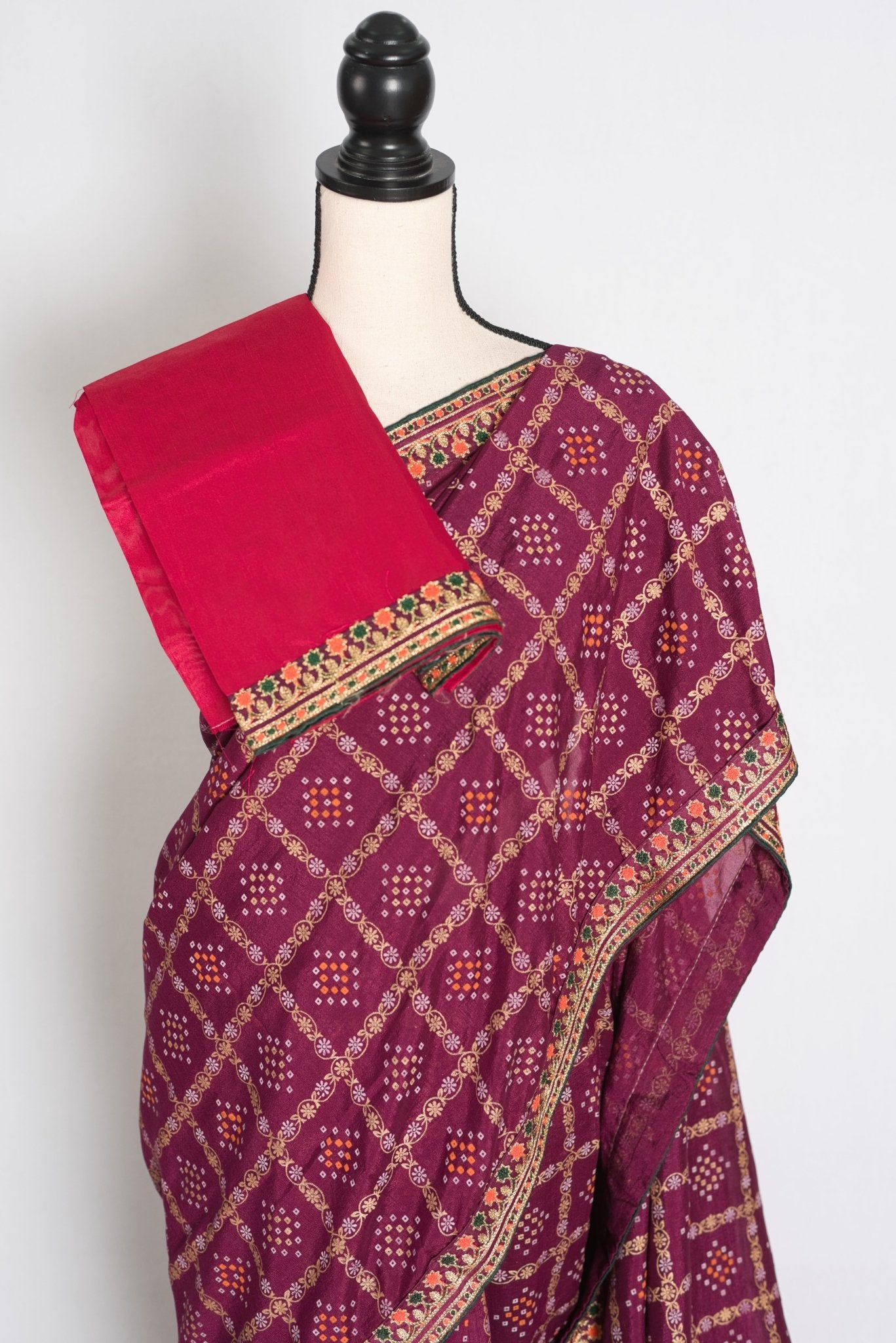 Suma : Purple Gharchola Gold Printed Saree with Embroidered Border - Saree Mandi