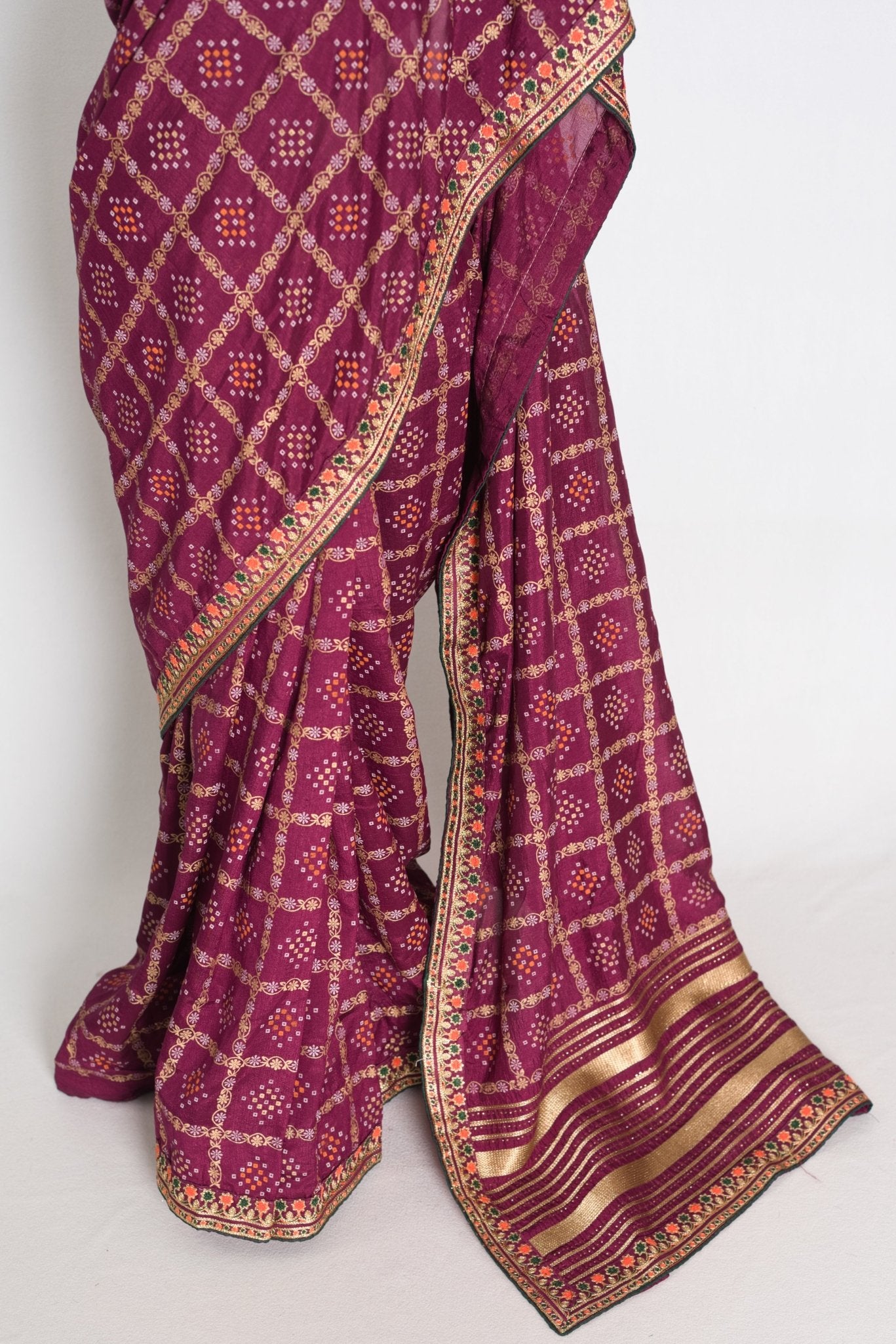 Suma : Purple Gharchola Gold Printed Saree with Embroidered Border - Saree Mandi