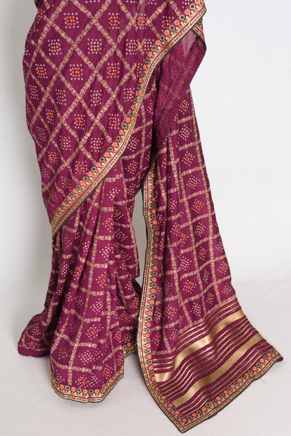 Suma : Purple Gharchola Gold Printed Saree with Embroidered Border - Saree Mandi