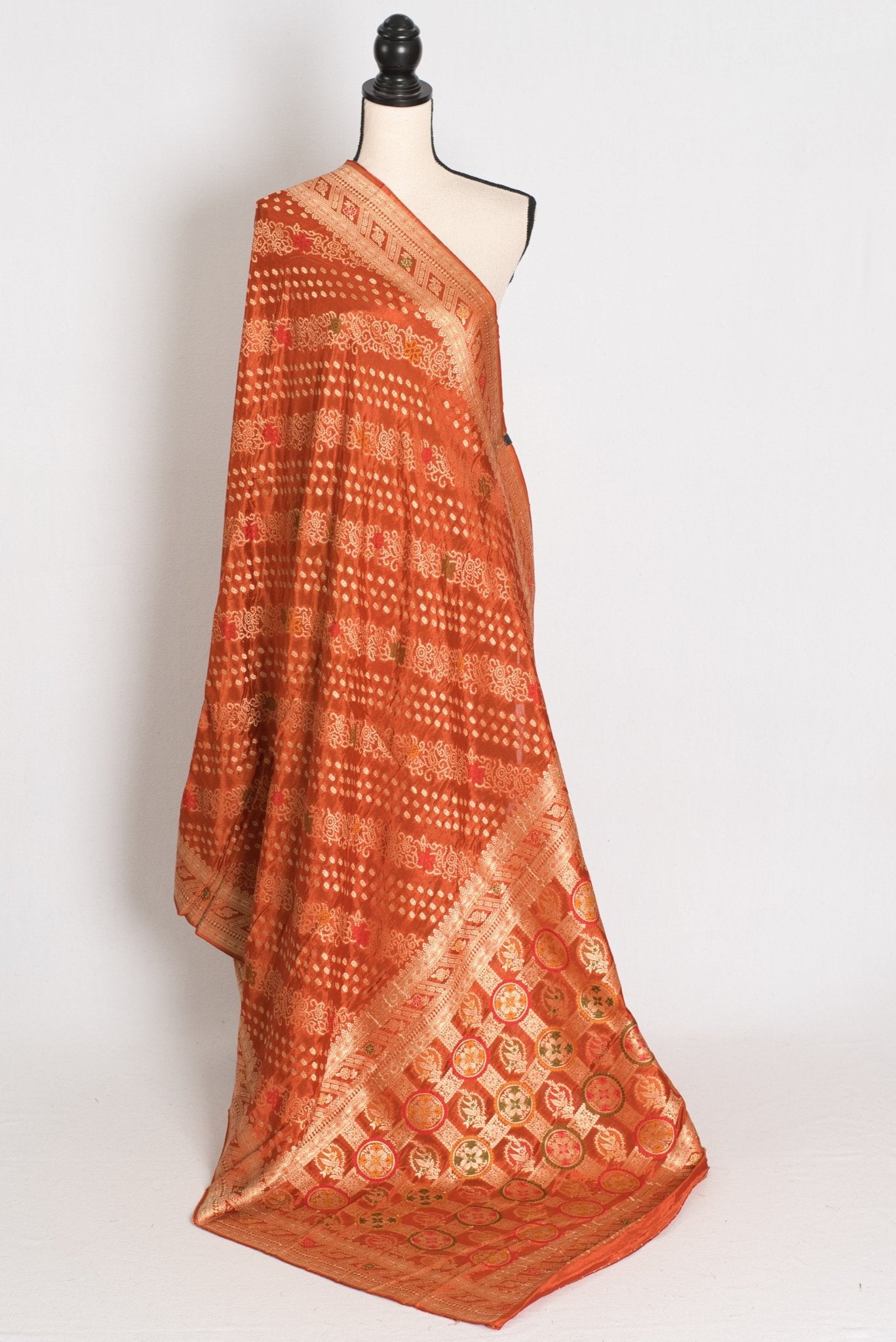 Sumi : Rust Orange & Gold Semi Mashru Bandhani Saree - Saree Mandi