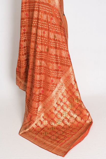 Sumi : Rust Orange & Gold Semi Mashru Bandhani Saree - Saree Mandi