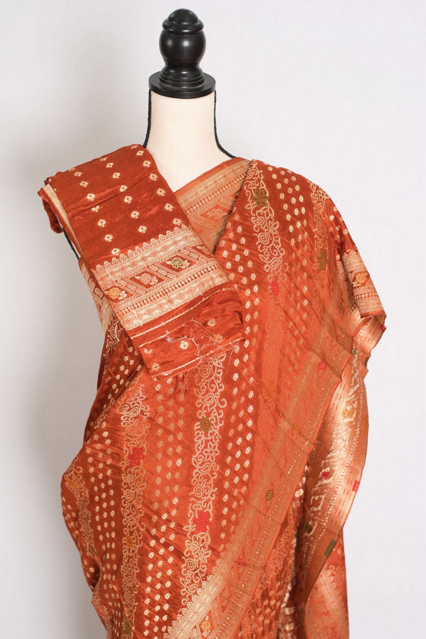 Sumi : Rust Orange & Gold Semi Mashru Bandhani Saree - Saree Mandi