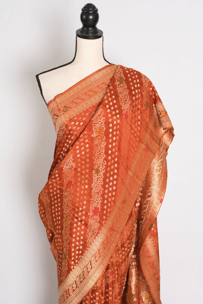 Sumi : Rust Orange & Gold Semi Mashru Bandhani Saree - Saree Mandi