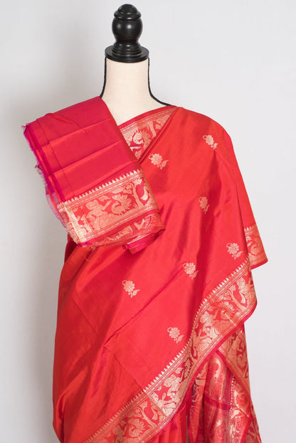 Supriya | Orange Red and Cream Handwoven Baluchari Pure Silk Saree - Saree Mandi