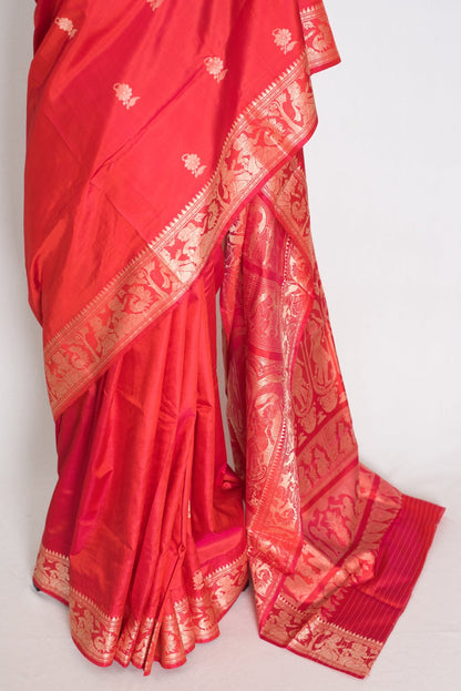 Supriya | Orange Red and Cream Handwoven Baluchari Pure Silk Saree - Saree Mandi