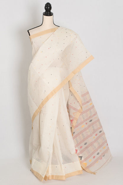 Swarna: Off - White Bengal Handloom Cotton Jamdani Saree with Multi - Color Buti - Saree Mandi