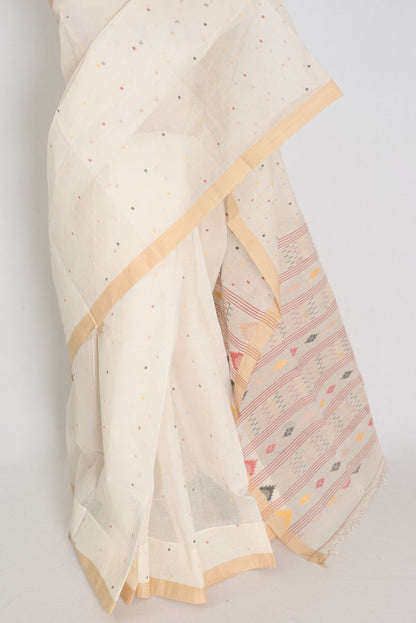Swarna: Off - White Bengal Handloom Cotton Jamdani Saree with Multi - Color Buti - Saree Mandi