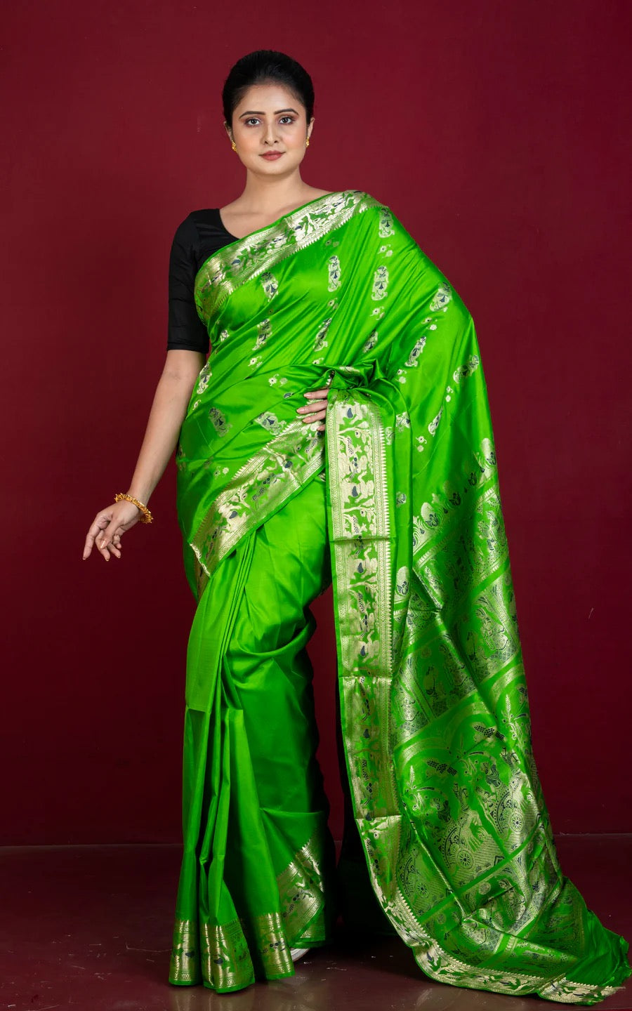 Silk Mark Certified Swarnachari Saree in Bright Green and Gold.