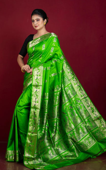 Silk Mark Certified Swarnachari Saree in Bright Green and Gold.