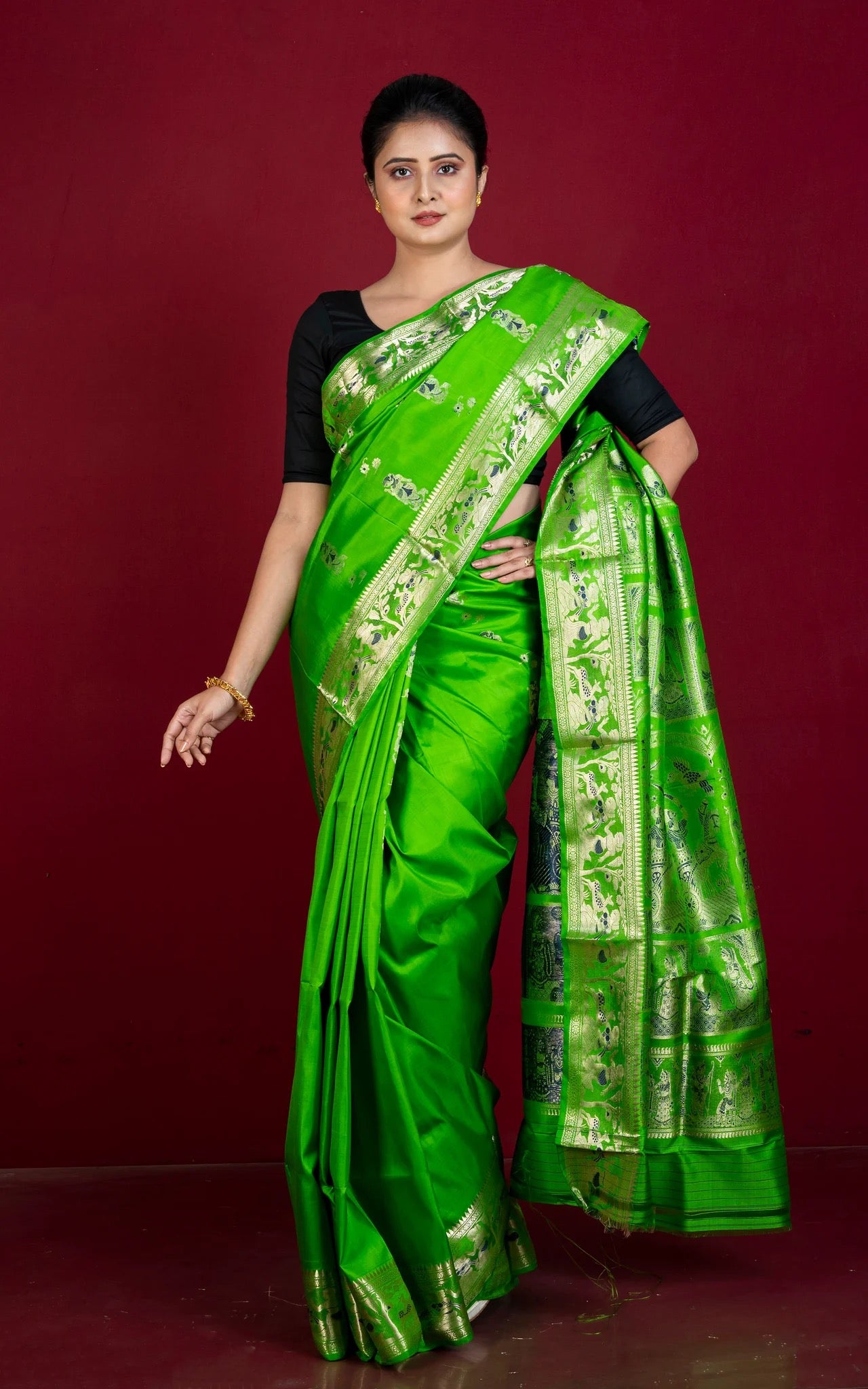 Silk Mark Certified Swarnachari Saree in Bright Green and Gold.