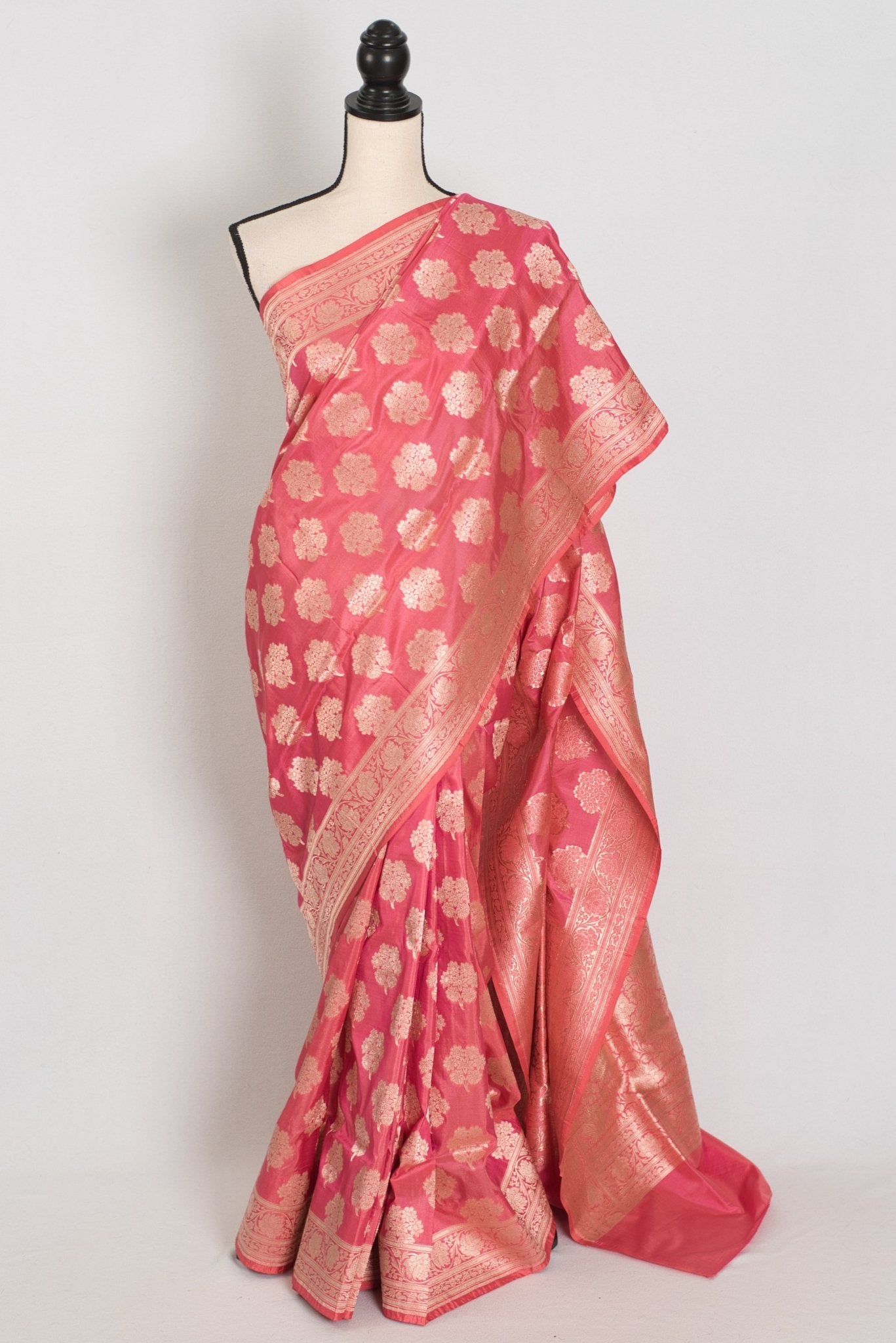 Tanima: Silk Mark Certified Pink & Gold Jaal Banarasi Saree with Size 40 Blouse - Saree Mandi