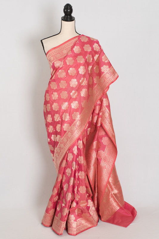 Tanima: Silk Mark Certified Pink & Gold Jaal Banarasi Saree with Size 40 Blouse - Saree Mandi