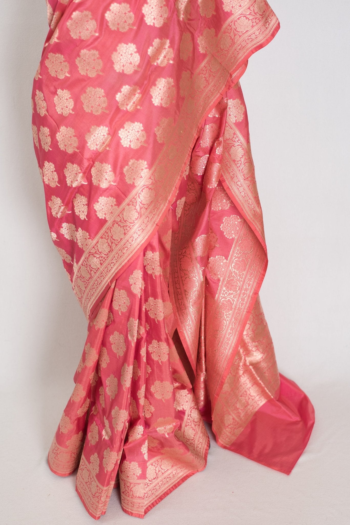 Tanima: Silk Mark Certified Pink & Gold Jaal Banarasi Saree with Size 40 Blouse - Saree Mandi